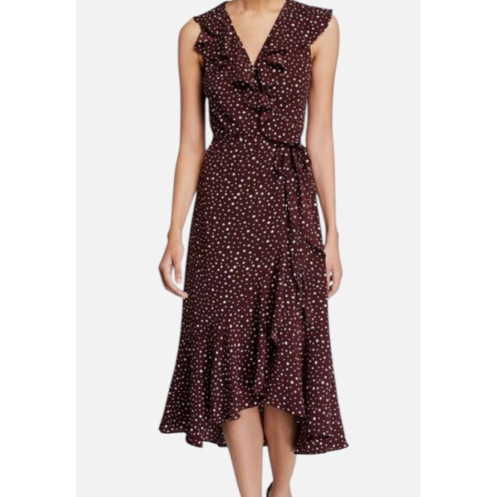 Max Studio Polka Dot Ruffle Wrap Dress Burgundy flowy Sleeveless Midi preppy Y2K